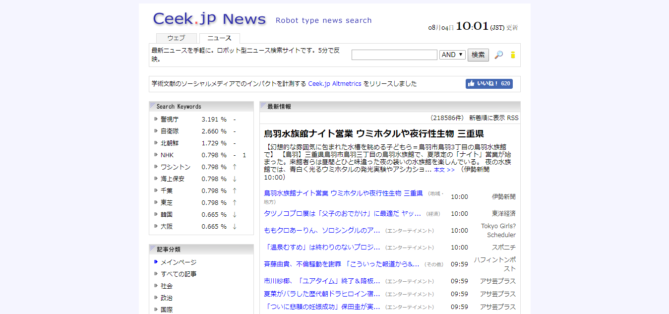 CEEK.JP NEWS-5分毎に主要メディアから記事をクロールし一括表示してくれるサイト